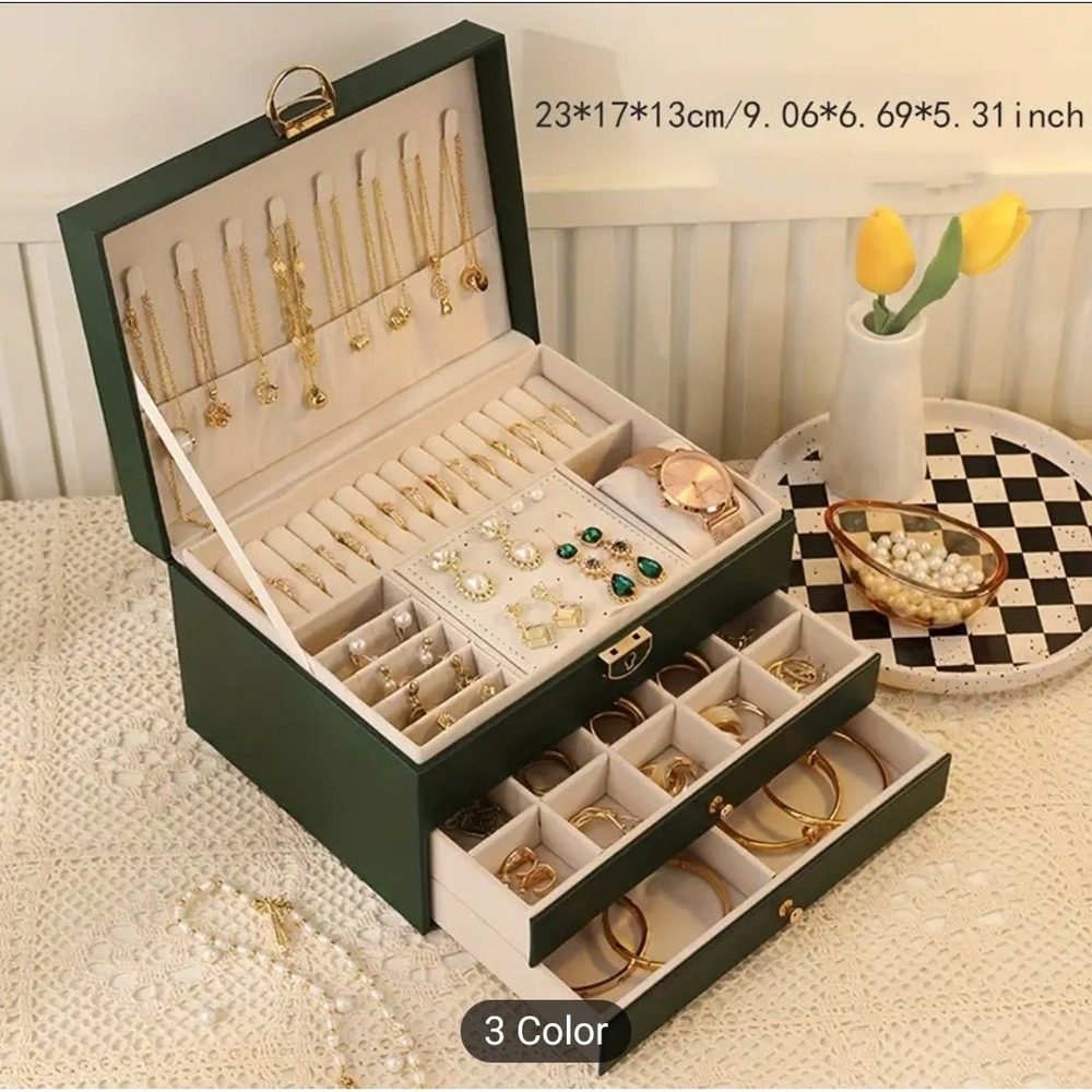 Green Jewellery Box Leather Storage Case Drawer Cabinet Necklace Organizer
